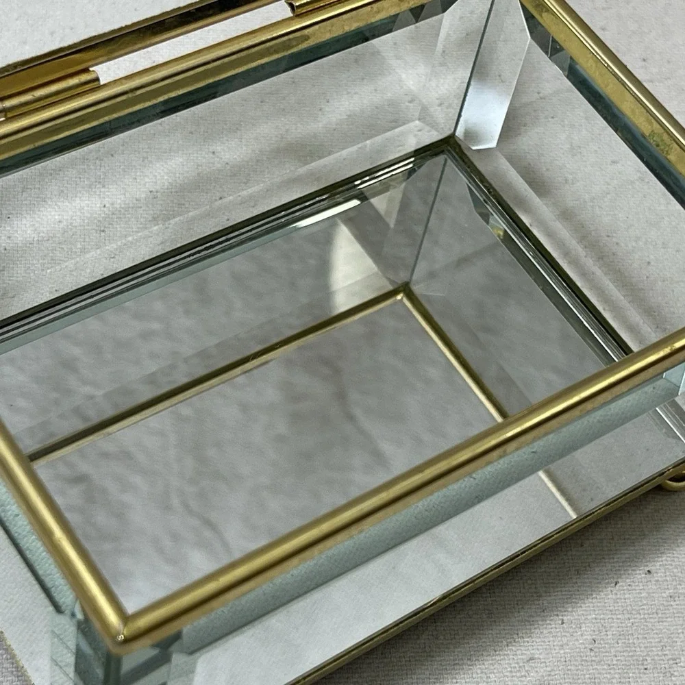 Vintage Glass Brass Mirrored Jewelry Trinket Vanity Display Box Etched‎ Bamboo